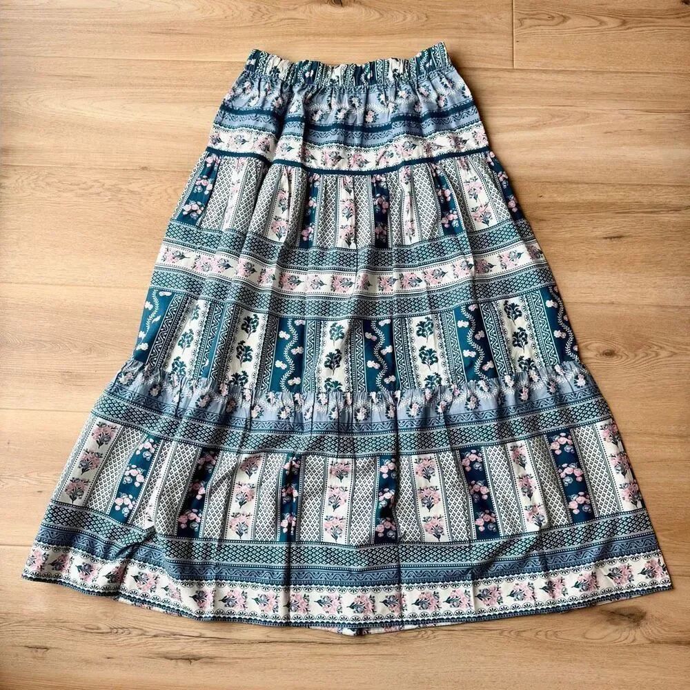 Nwt Ophelia & Indigo Edith Maxi Skirt Vintage Floral Blue Boho Block Medium — image 6 of 8